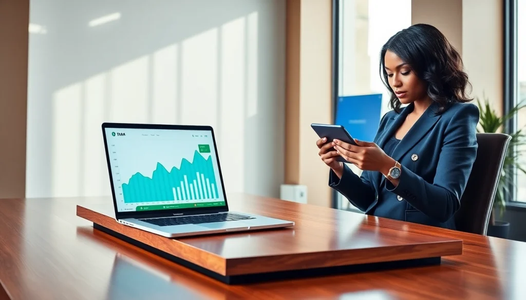 td web business banking login interface in a professional setting with a businesswoman using a laptop.