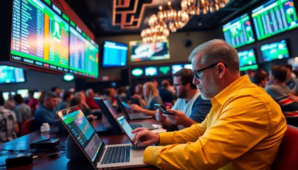 Engaged bettors exploring sports betting sites Oklahoma in a lively sports bar atmosphere.