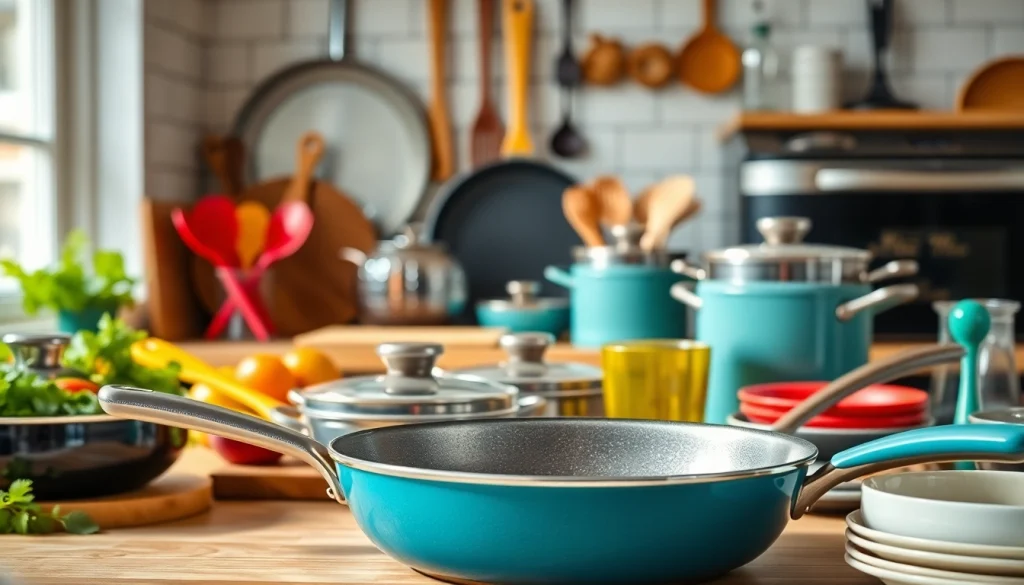 Gorgeous kitchenware NZ collection showcasing premium cookware and utensils in a charming kitchen setup.