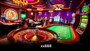 Experience thrilling wins at https://xx88.ai/ with an exciting casino scene featuring a roulette wheel and eager players.