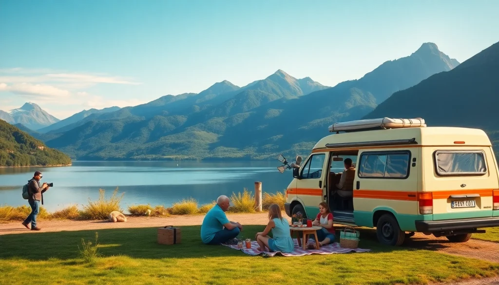 Capture the spirit of adventure at https://fernweh-abenteuer.de with a family enjoying a lakeside picnic.