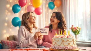 Heartwarming birthday wishes for sister celebration with two laughing siblings.