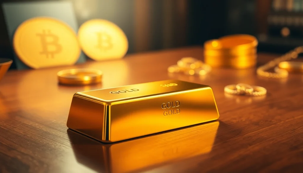 Displaying a gleaming gold bar, showcasing its authenticity and luxurious appeal in the context of investment.