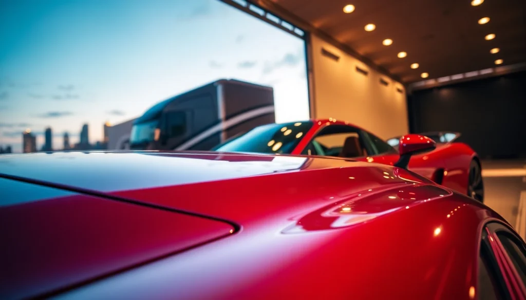 Showcase of luxury auto shipping by https://luxuryautocarriers.com featuring exotic cars and a sleek transporter.