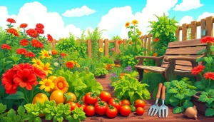 Gardening in a flourishing vegetable garden filled with colorful plants and fresh vegetables.