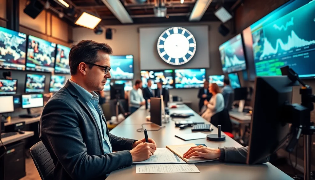 Covering breaking news on https://news-parade.com.ua in a vibrant newsroom atmosphere.