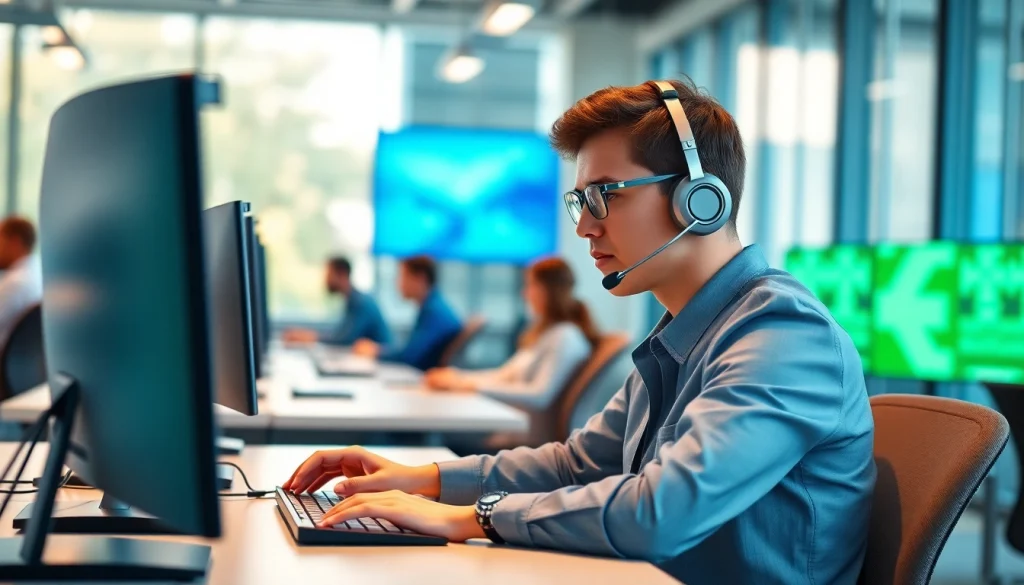 Agent engaged in call center software interaction within a modern workspace.