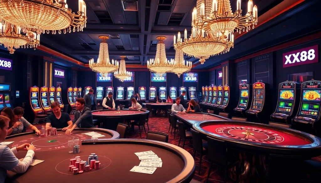 Players enjoying high-stakes games at XX88 casino with vibrant atmosphere and stylish decor.