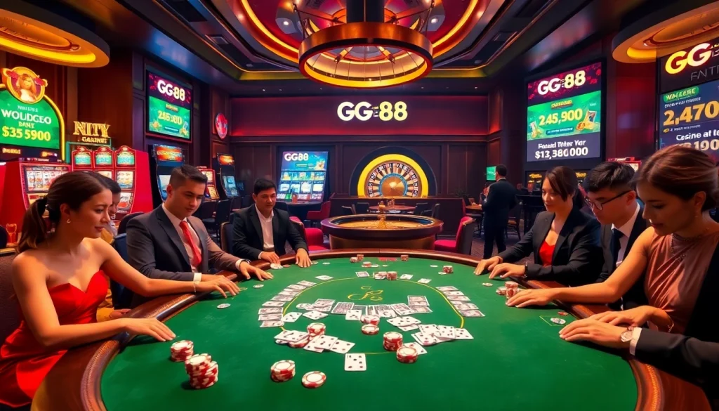 Experience the excitement of GG88 with players enjoying poker at a luxurious casino scene.