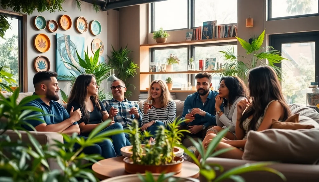 Cannabis club community scene with friends enjoying each other's company in a vibrant lounge.