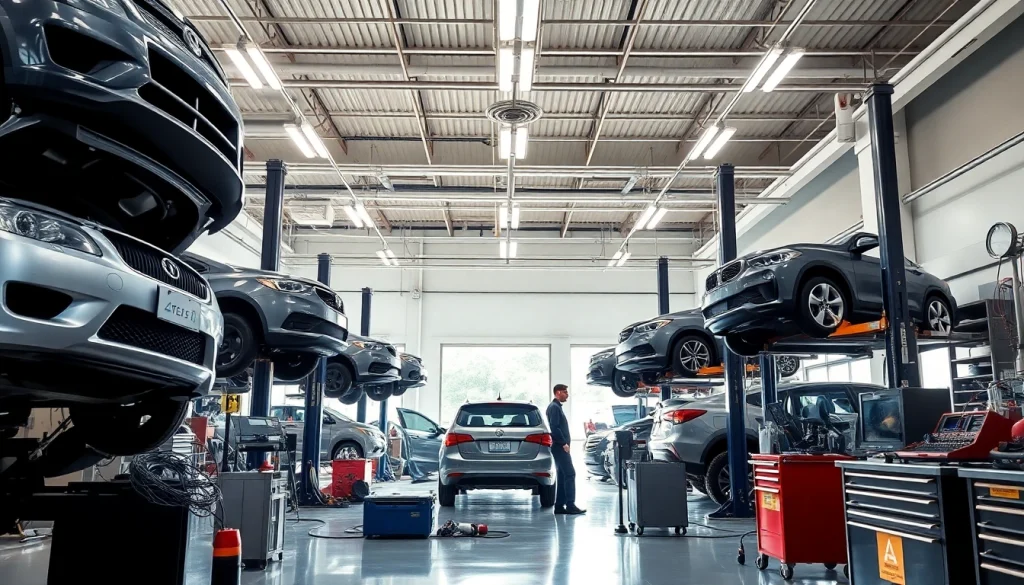 Find auto repair near me in a professional workshop with mechanics working on vehicles.