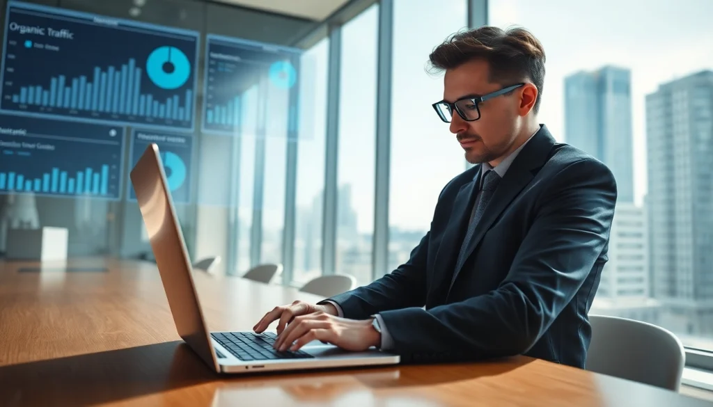 SEO expert analyzing website traffic in a modern office setting, showcasing digital metrics.