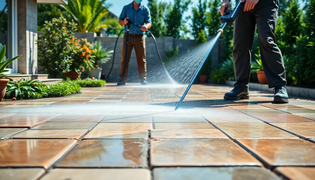 Čiščenje tlakovcev in professional cleaning team rejuvenating patio surfaces.