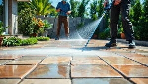 Čiščenje tlakovcev in professional cleaning team rejuvenating patio surfaces.