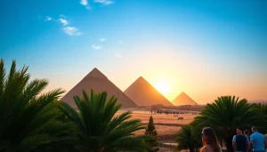 Experience the beauty of Egypt's Great Pyramids at https://emegypt.net with scenic palm trees and a sunset.