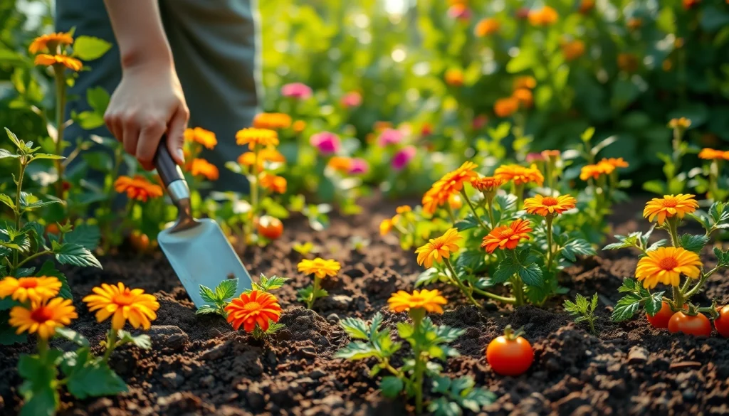 Gardening in a vibrant vegetable garden with a gardener tending colorful plants.