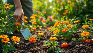 Gardening in a vibrant vegetable garden with a gardener tending colorful plants.