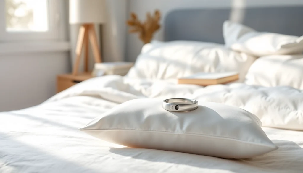 Monitor your sleep with a sleep ring tracker displayed elegantly on a pillow.