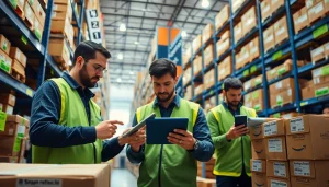 Dynamic Amazon warehouse scene showcasing the efficiency of the Amazon repricing tool in action with workers managing inventory.