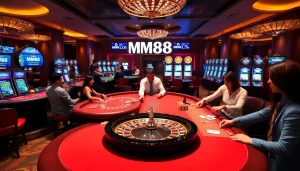 Engaging players at the Trang Chủ MM88 casino, surrounded by vibrant tables and thrilling slot machines.