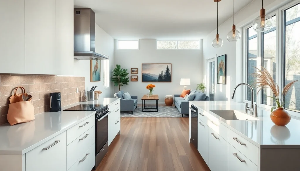 Showcasing a home renovation project with a modern kitchen and living area, emphasizing design and functionality.