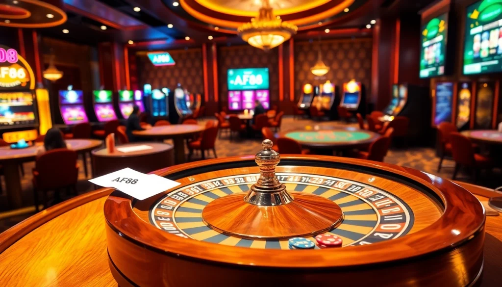 Aspiring gamblers engaging with exciting games at AF88 casino tables, surrounded by vibrant visuals.