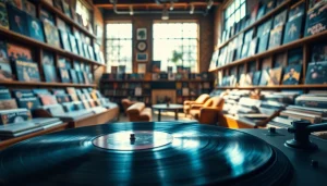 Engage with vinyl records on display in a cozy record store setting with natural lighting.
