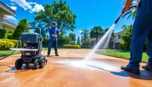 Pressure wash service revitalizing a driveway in Kissimmee, FL, showcasing professional cleaning.