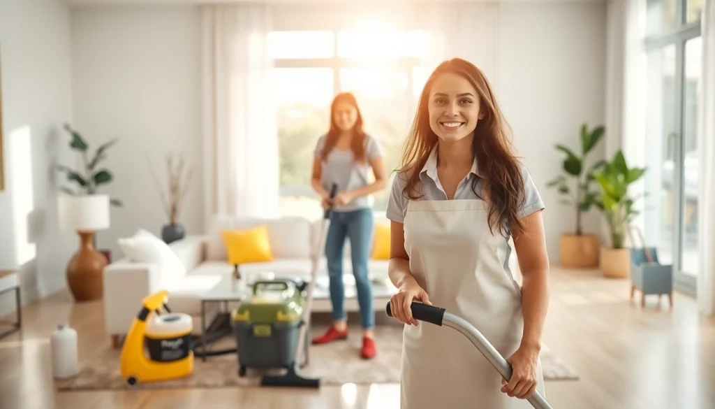 Cleaning service team professionally tidying a bright, modern living room environment.