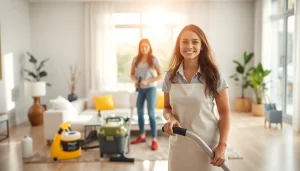 Cleaning service team professionally tidying a bright, modern living room environment.