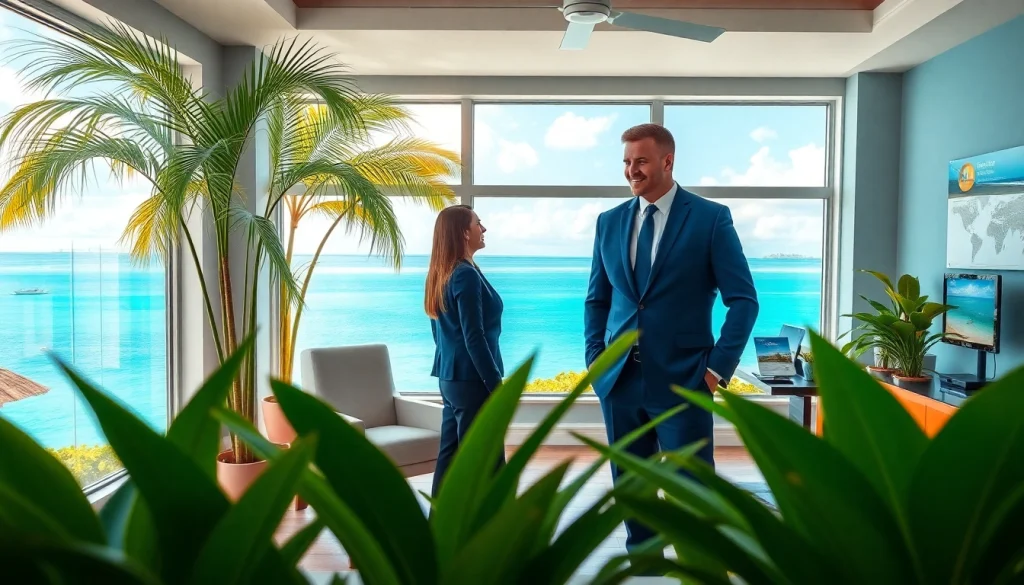 Dustin Rennie engaging with clients in a Belizean real estate office, showcasing professionalism and tropical ambiance.