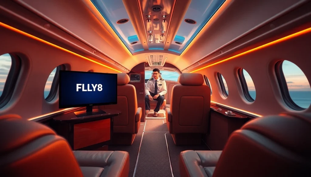 FLY88 luxurious private jet cabin with warm lighting and elegant design.