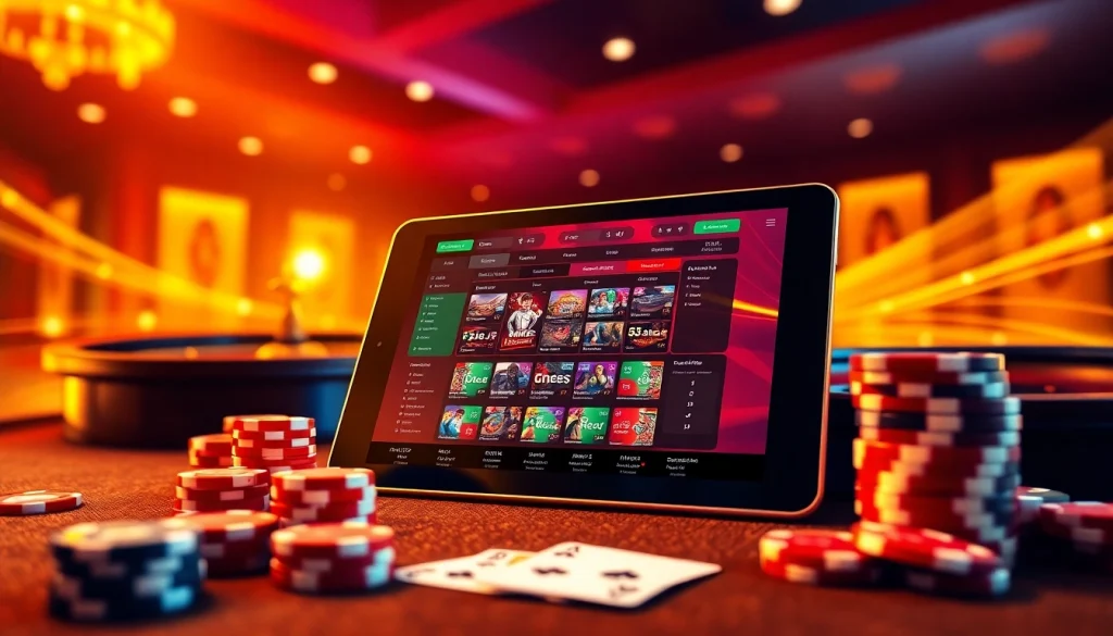 Players enjoy the engaging 54BET App, surrounded by casino chips and cards.