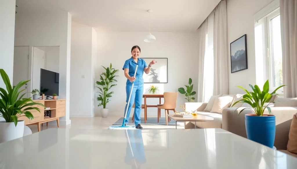 Cleaner performing a professional cleaning service in a bright apartment, showcasing sparkling surfaces.