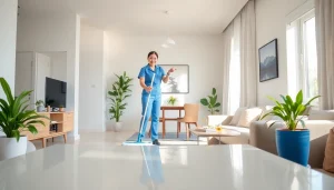 Cleaner performing a professional cleaning service in a bright apartment, showcasing sparkling surfaces.
