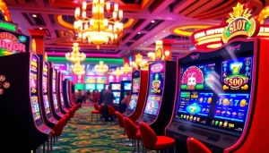 Permainan QQSLOT777 yang menarik dengan mesin slot berwarna-warni di lingkungan kasino yang hidup.