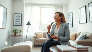 Engaged career coach near me discussing with a client in a professional office.