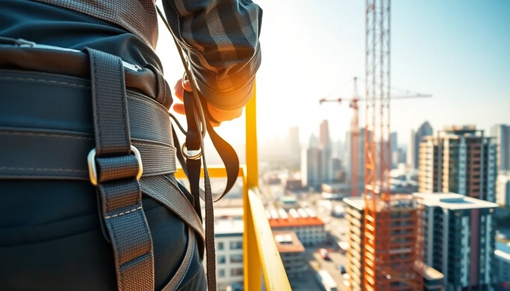 Fallskydd och säkerhetsutrustning syns på en byggarbetare som arbetar med säkerhetsutrustning på hög höjd.