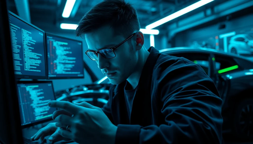 Engage with https://car-hack-world.com showcasing a hacker immersed in car technology.