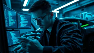 Engage with https://car-hack-world.com showcasing a hacker immersed in car technology.