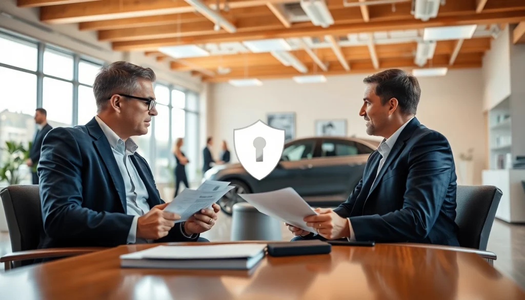 Assurance voiture monospace: agents discussing car insurance policies in a professional setting.