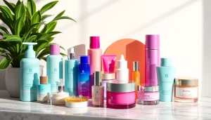 K-beauty online-produkter vackert arrangerade på en marmorbänkskiva, som visar livfulla hudvårds- och makeupprodukter.