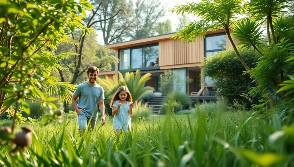 Experience a harmonious family life with https://sicherlebensraum.de, depicting a sustainable home in nature.
