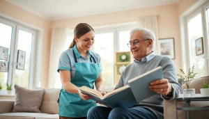 Elderly care maid assisting a senior in a cozy home environment, promoting comfort and companionship.