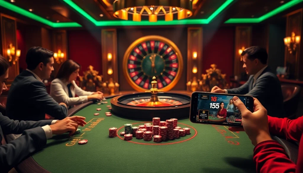 Experience the thrill of the 136bet App in a luxurious casino setting with poker and roulette.