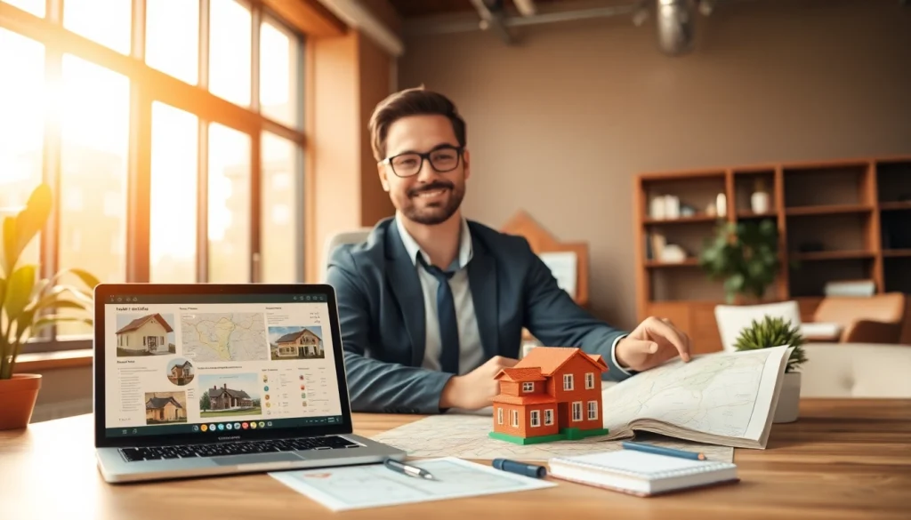 Engaging real estate professional discussing property options in a bright office setting.