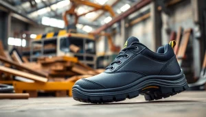 Showcasing Umoja ACE safety shoes Nairobi with steel toe cap and slip-resistant features in an industrial setting.