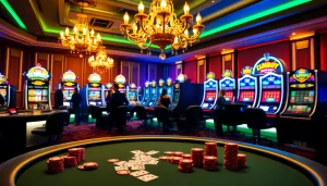 Exciting gaming at OK365 Trang chủ, featuring vibrant slot machines and poker tables in a luxurious casino.