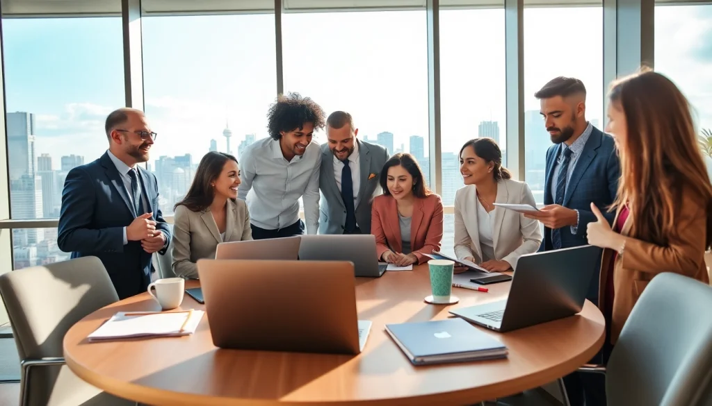 Business team collaborating in a bright office setting with diverse members showcasing teamwork.
