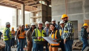 Experience careers in construction with a dynamic teamwork scene at a building site.